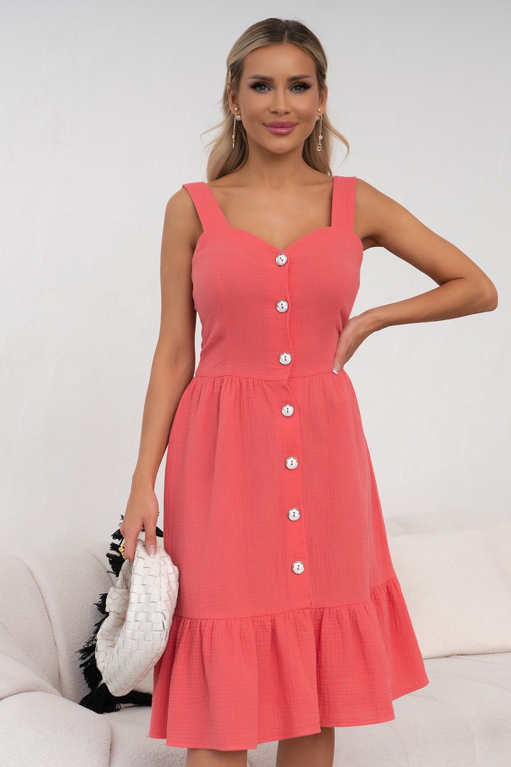 Фото товара 22357, летнее платье из жатки кораллового цвета