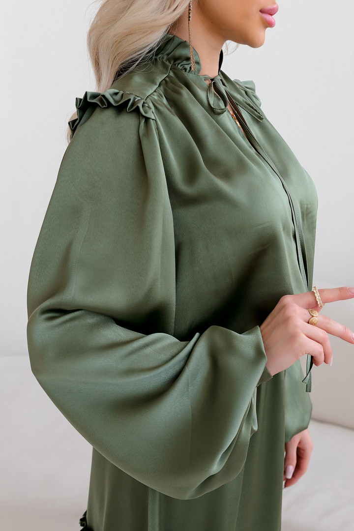 Фото товара 22497, оливковое шелковое платье с завязками